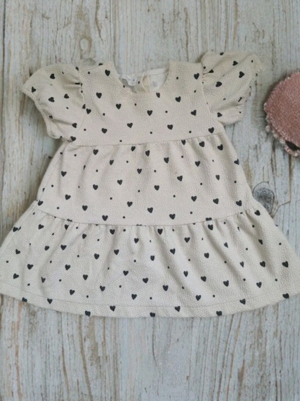 Zara Cream Dress with Black Heart Print and Flutter Sleeves Size 12/18 Months